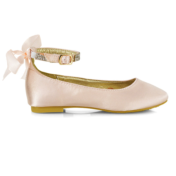 Fifi Bow Detail Embellished Sparkly Ankle Strap Diamante Flat Ballerina Pumps Satin