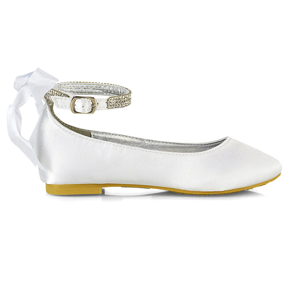 Fifi Bow Detail Embellished Sparkly Ankle Strap Diamante Flat Ballerina Pumps Satin