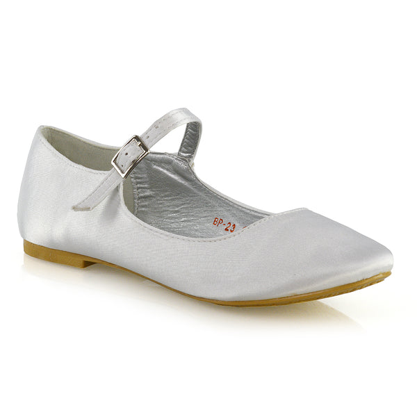 Nellie Ballerina Pump over Foot Buckle up Strap Wedding Flat Bridal Shoes Satin