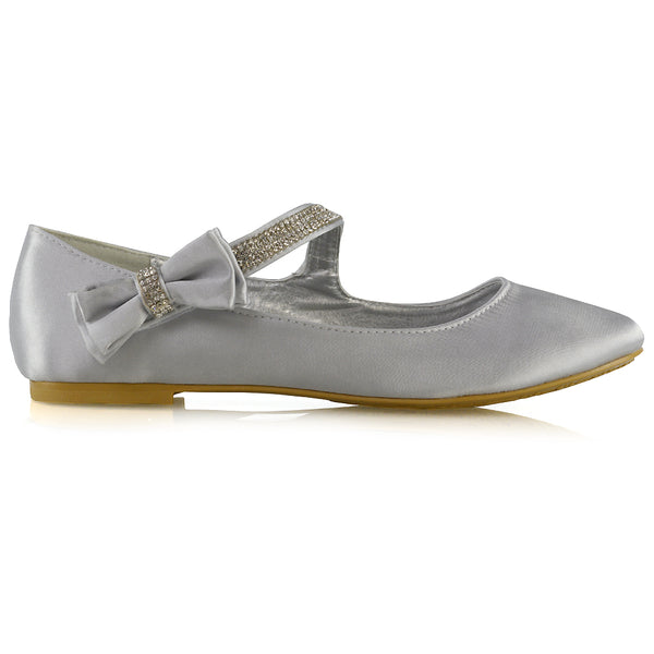 Poppy Faye Embellished Bow Detail Diamante Strap Wedding Pumps Flat Bridal Shoes Satin