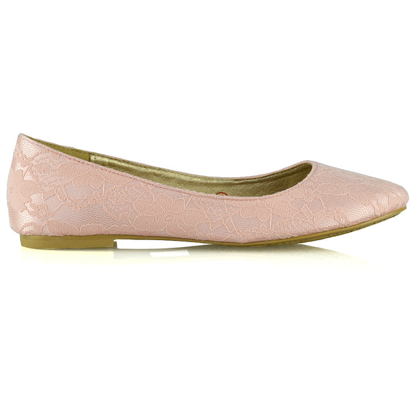 Keva Round Toe Lace Detail Slip on Wedding Flats Ballerina Bridal Pumps Satin