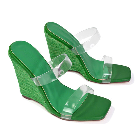 | XY London | green wedges,green wedge sandals,green wedge heels,green perpsex wedges,green mules