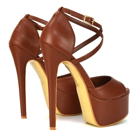 Brown | XY London | Brown Strappy Heels,Brown Heels, Brown High Heels, Brown Stilettos,Brown Platform Heels
