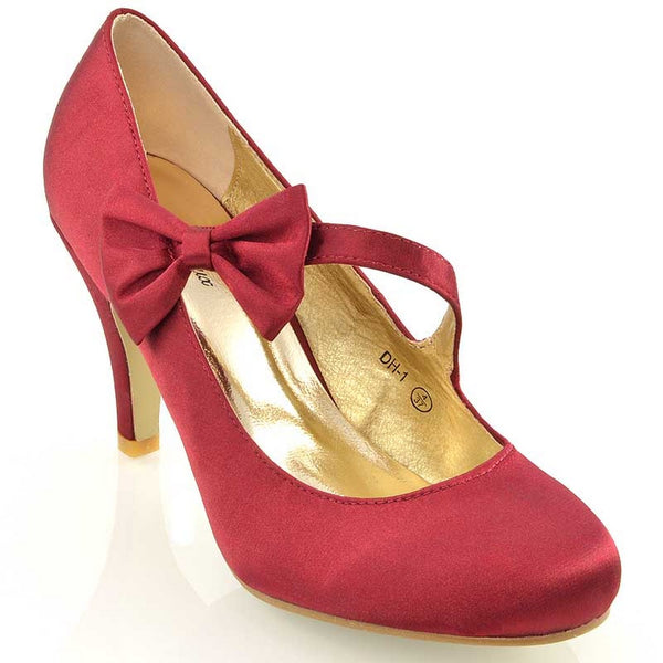 Cecilia Bow Detail Strappy Low mid Stiletto Heel Court Shoes Satin