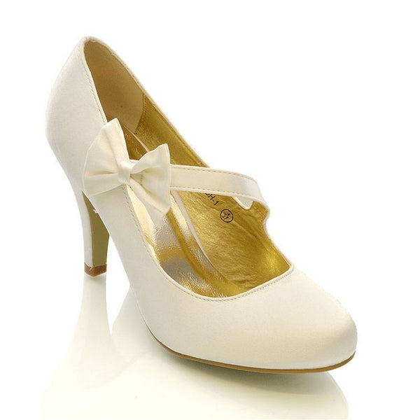 Cecilia Bow Detail Strappy Low mid Stiletto Heel Court Shoes Satin