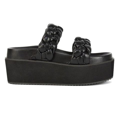 Black Synthetic Leather | XY London | Black Woven Sandals,Black Flatform Sandals,Black Flatforms,Black Wedges