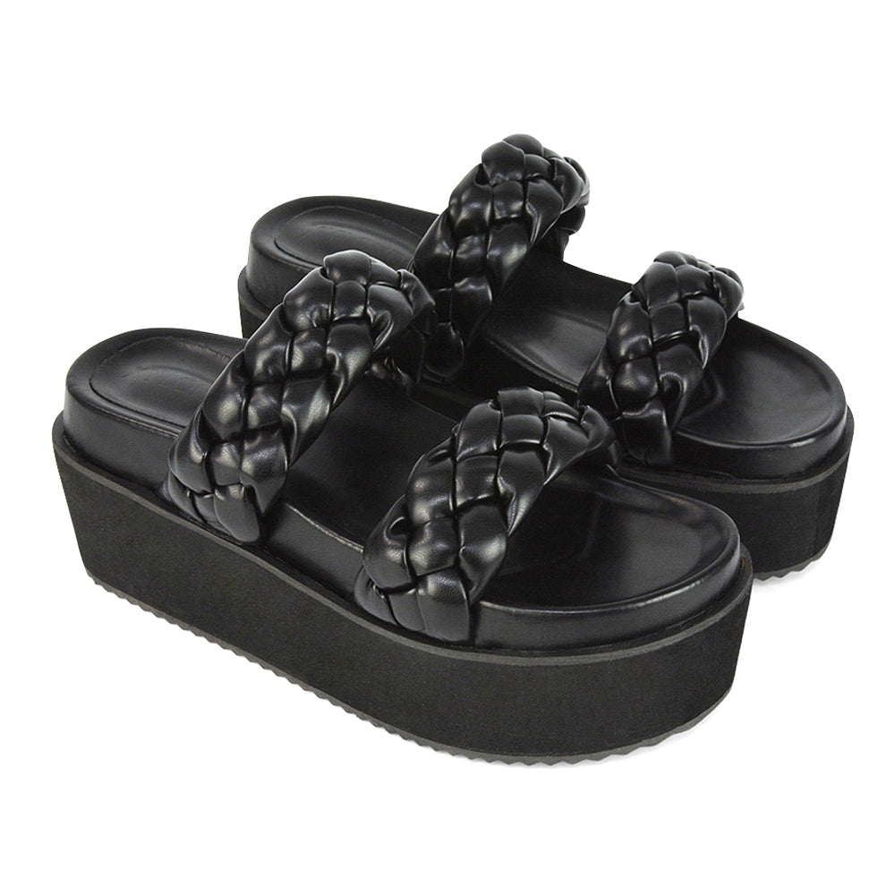 Black Synthetic Leather | XY London | Black Woven Sandals,Black Flatform Sandals,Black Flatforms,Black Wedges