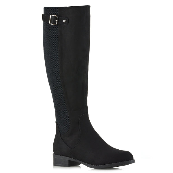 AMALIE ELASTICATED BUCKLE DETAIL FLAT KNEE HIGH BOOTS FAUX SUEDE