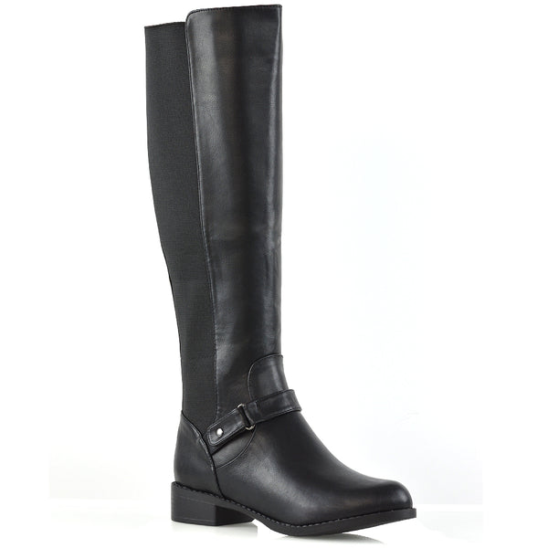 MIKAYLA WINTER ELASTICATED ZIP UP FLAT KNEE HIGH BOOTS SYNTHETIC LEATHER