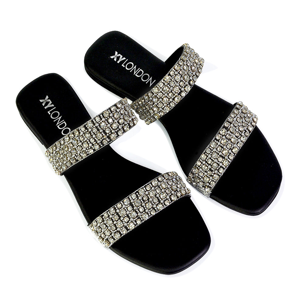 | XY London | black sandals,black sliders,black flat sandals,black diamante sandals