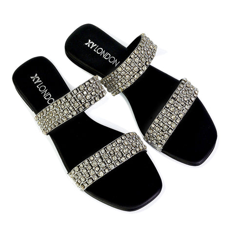 | XY London | black sandals,black sliders,black flat sandals,black diamante sandals