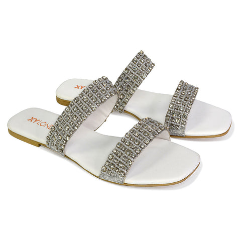 | XY London | silver sandals,silver sliders,silver flat sandals,silver diamante sandals