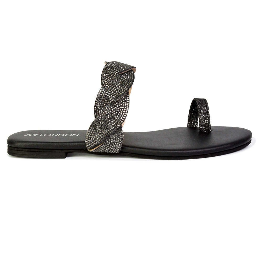 | XY London | black sandals,black sparkly sandals,black toe post sandals,black woven sandals,black diamante sandals