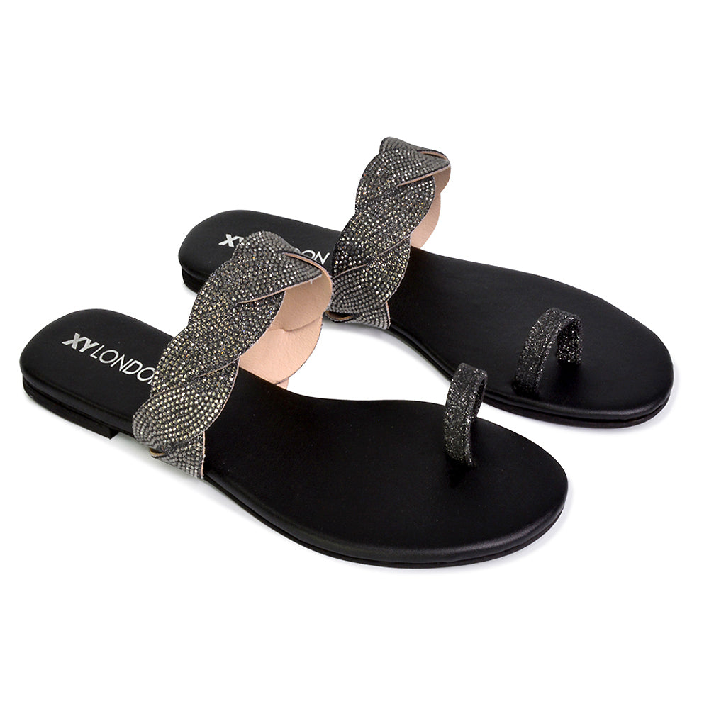 | XY London | black sandals,black sparkly sandals,black toe post sandals,black woven sandals,black diamante sandals
