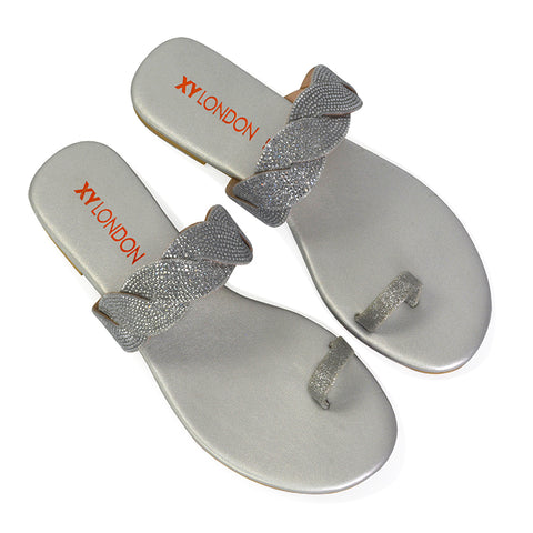 Silver  | XY London | silver sandals,silver toe post sandals,silver sparkly sandals,silver woven sandals,silver diamante sandals
