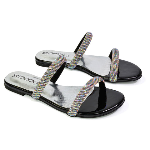 Black | XY London | black sandals,black flat sandals,black diamante sandals,black diamante flat sandals,black bridal flats