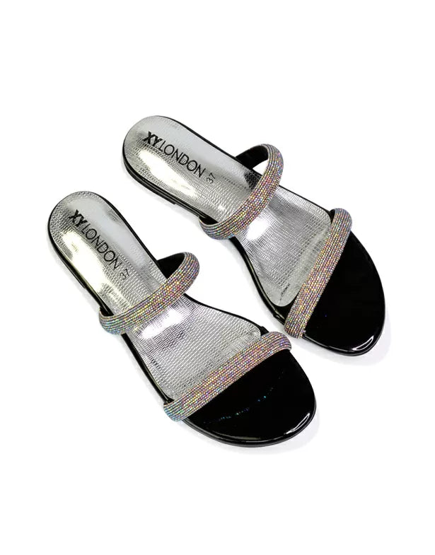 Black | XY London | black sandals,black flat sandals,black diamante sandals,black diamante flat sandals,black bridal flats