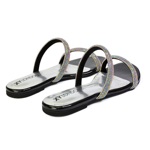 Black | XY London | black sandals,black flat sandals,black diamante sandals,black diamante flat sandals,black bridal flats