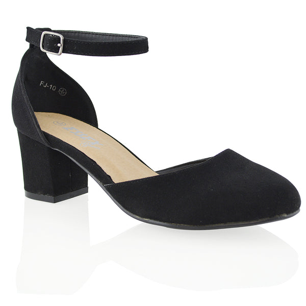 Billie May Chunky Strappy Mid Block Heels Fashion Court Shoes Faux Suede