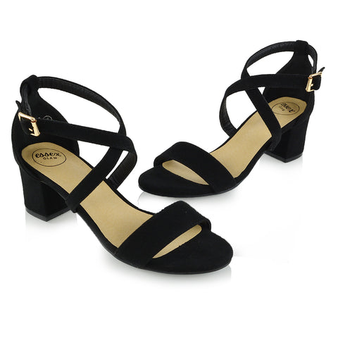 | XY London | Strappy Black Heels,Low Block Heels,Black faux suede heels