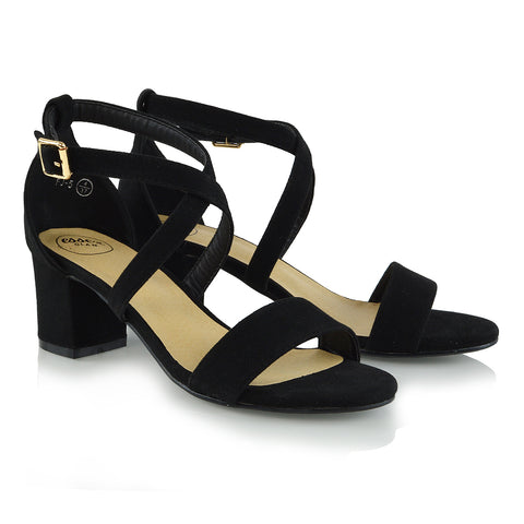 | XY London | Strappy Black Heels,Low Block Heels,Black faux suede heels