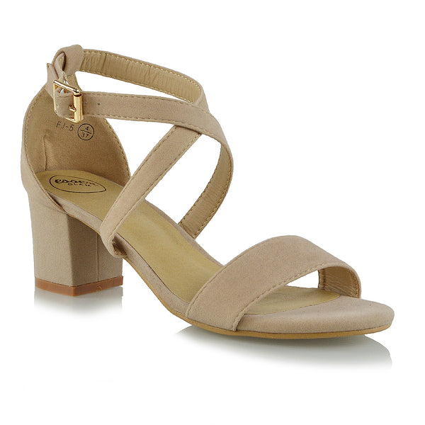 JORDYN CROSS OVER BUCKLE STRAP CHUNKY LOW BLOCK HEELS FAUX SUEDE