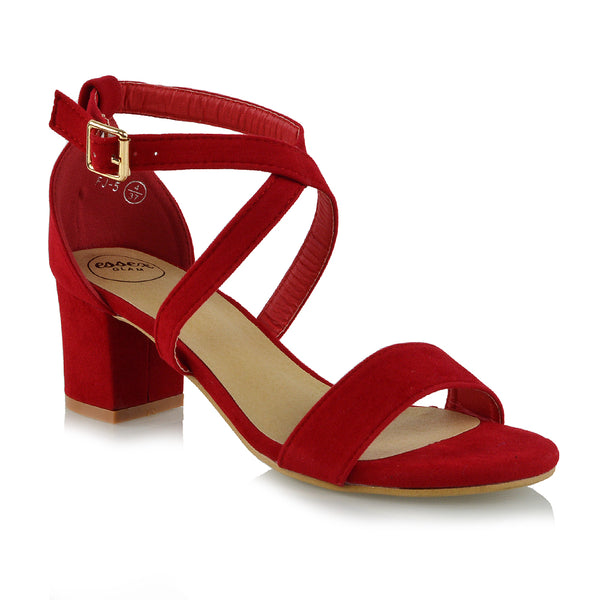 JORDYN CROSS OVER BUCKLE STRAP CHUNKY LOW BLOCK HEELS FAUX SUEDE