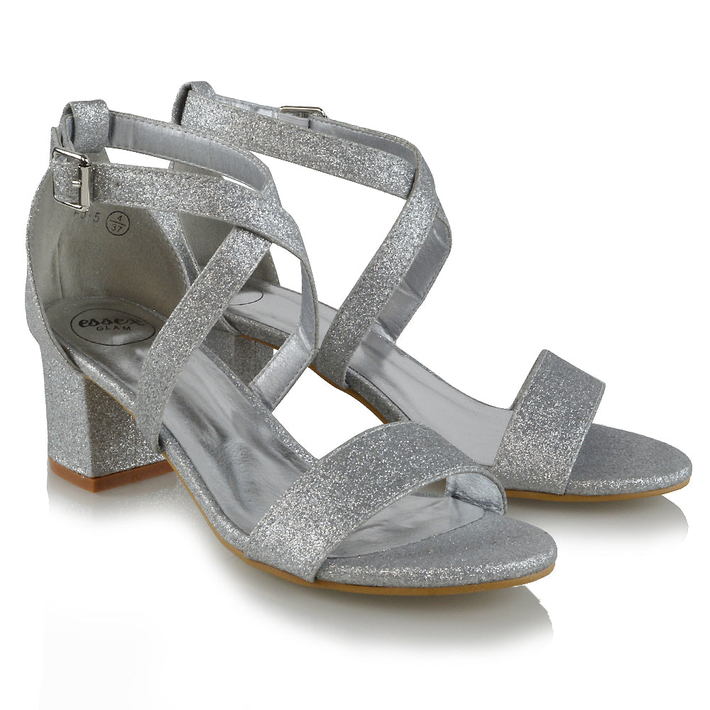 | XY London | Strappy Heels,Silver Glitter Low Heels,Faux Suede heels