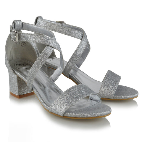 | XY London | Strappy Heels,Silver Glitter Low Heels,Faux Suede heels