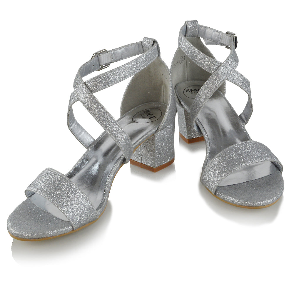 | XY London | Strappy Heels,Silver Glitter Low Heels,Faux Suede heels
