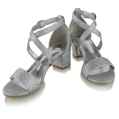 | XY London | Strappy Heels,Silver Glitter Low Heels,Faux Suede heels