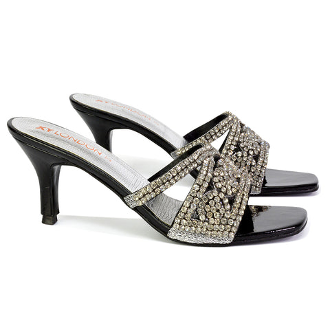 | XY London | black heels,black high heels,black bridal heels,black mules,black diamante heels
