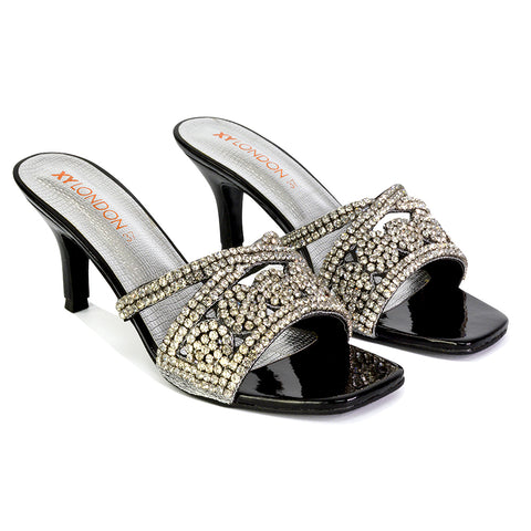 | XY London | black heels,black high heels,black bridal heels,black mules,black diamante heels