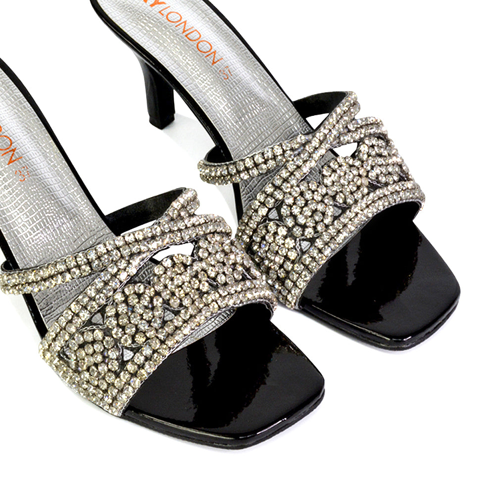 | XY London | black heels,black high heels,black bridal heels,black mules,black diamante heels