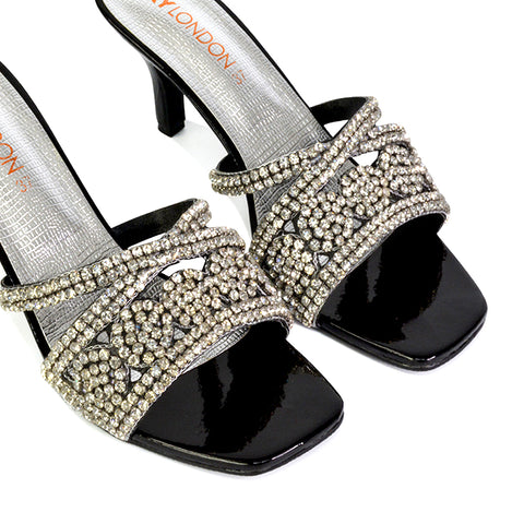 | XY London | black heels,black high heels,black bridal heels,black mules,black diamante heels