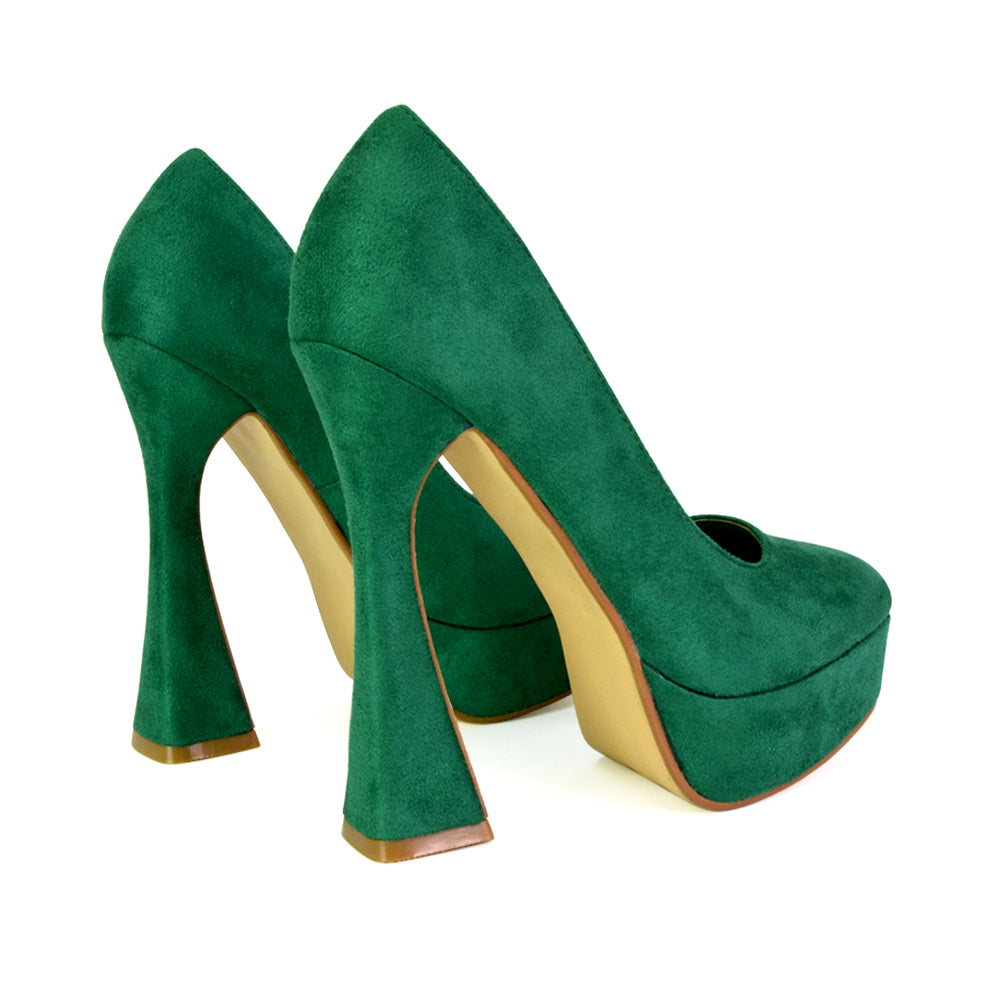 Karlie Flared Curved Stiletto Platform High Heel Court Shoes in Green Green UK EU 39 US