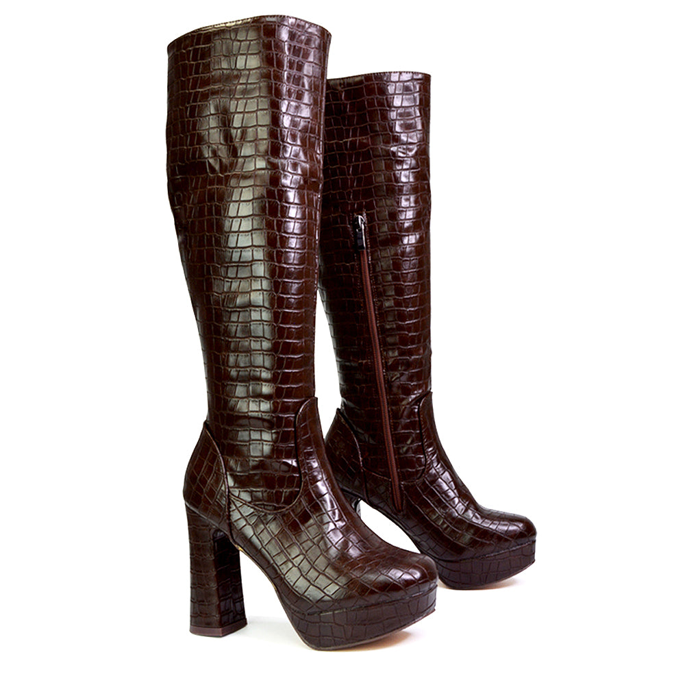 | XY London | brown boots,brown knee high boots,brown block heel boots,brown platform boots,brown high heel knee high boots