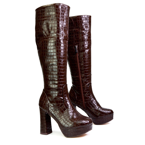| XY London | brown boots,brown knee high boots,brown block heel boots,brown platform boots,brown high heel knee high boots