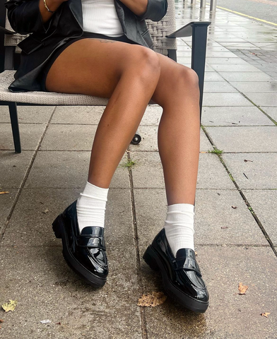Kourtney Chunky Sole Slip on School Shoes Smart Flat Loafers in Black Patent
