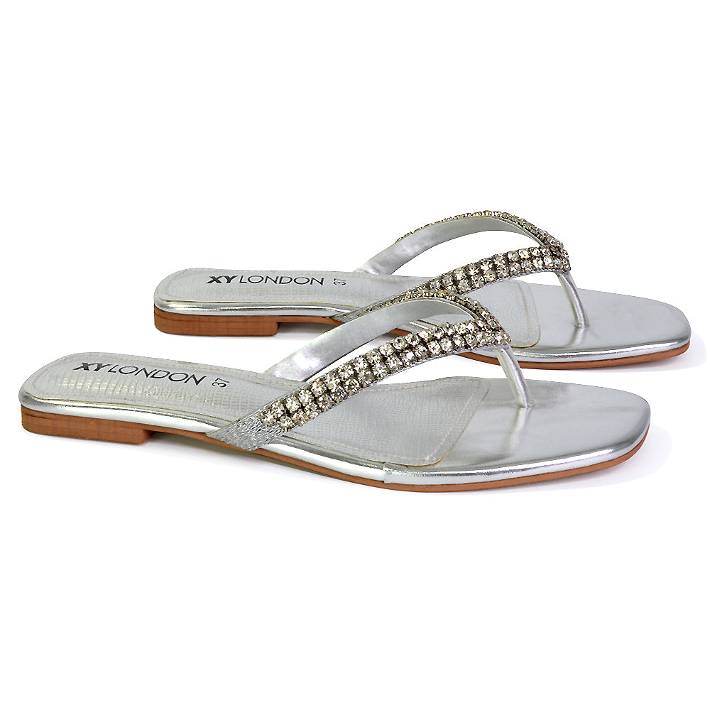 | XY London | silver sandals,silver flat sandals,silver diamante sandals,silver diamante flat sandals,silver flip flops