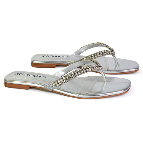 | XY London | silver sandals,silver flat sandals,silver diamante sandals,silver diamante flat sandals,silver flip flops
