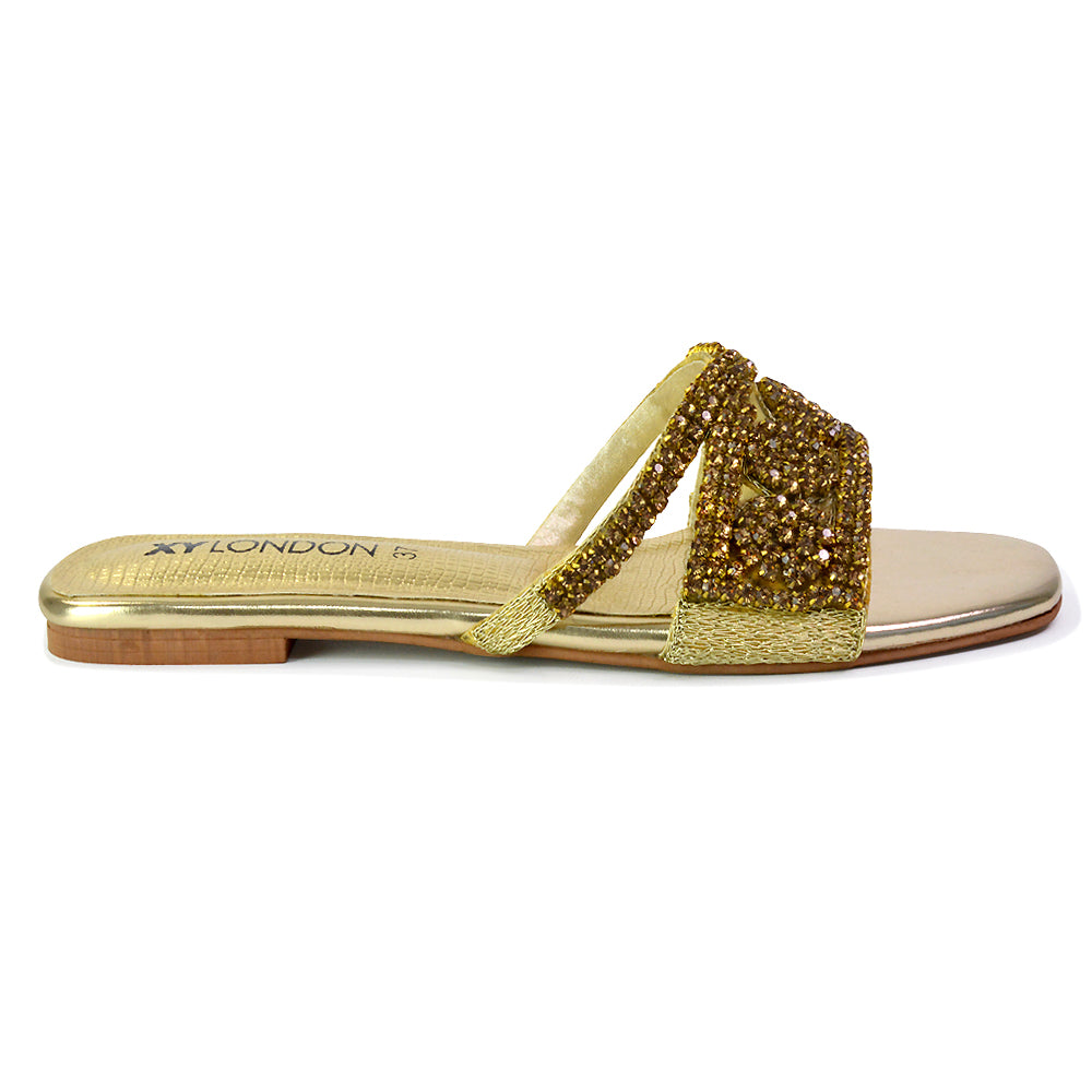 Gold | XY London | gold sandals,gold sliders,gold flat sandals,gold diamante sandals,gold diamante flat sandals
