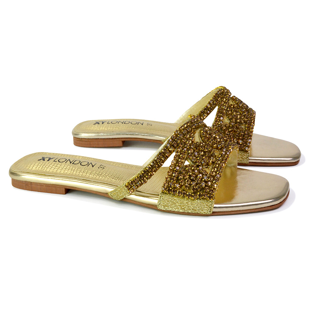 Gold | XY London | gold sandals,gold sliders,gold flat sandals,gold diamante sandals,gold diamante flat sandals