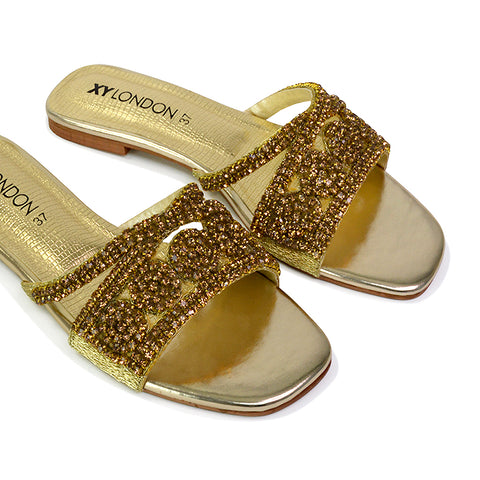 Gold | XY London | gold sandals,gold sliders,gold flat sandals,gold diamante sandals,gold diamante flat sandals