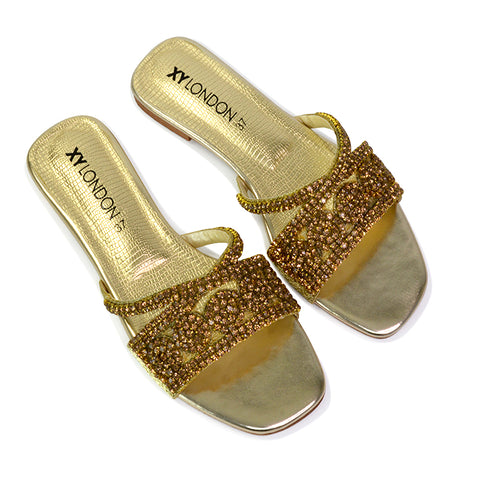 Gold | XY London | gold sandals,gold sliders,gold flat sandals,gold diamante sandals,gold diamante flat sandals