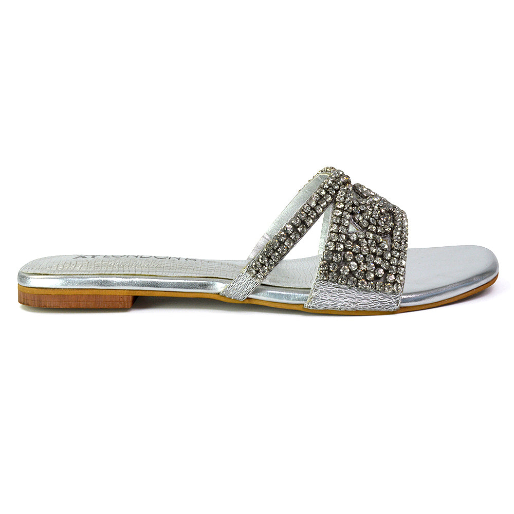 Silver  | XY London | silver sandals,silver flat sandals,silver diamante sandals,silver diamante,silver sliders