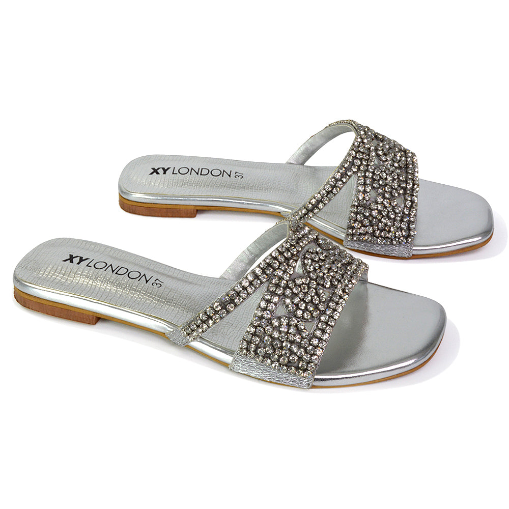 | XY London | black sandals,black flat sandals,black diamante sandals,black diamante flat sandals,black sliders