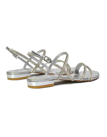 silver strappy sandals, silver slingback sandals, silver diamante flat sandals