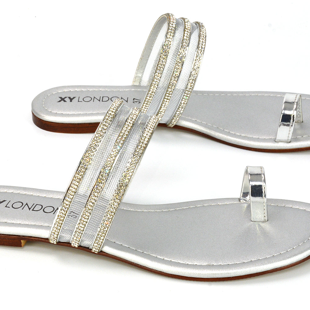 | XY London | Silver Toe Ring Sandals,Silver Diamante Sandals,Silver Strappy Sandals,Silver Embellished Sandals,Silver Summer Sandals,Silver Summer Shoes