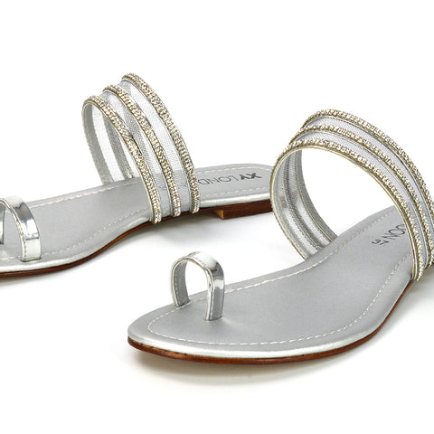 | XY London | Silver Toe Ring Sandals,Silver Diamante Sandals,Silver Strappy Sandals,Silver Embellished Sandals,Silver Summer Sandals,Silver Summer Shoes